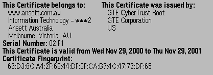 Text of site certificate from www.ansett.com.au, somewhat historical now:-)
